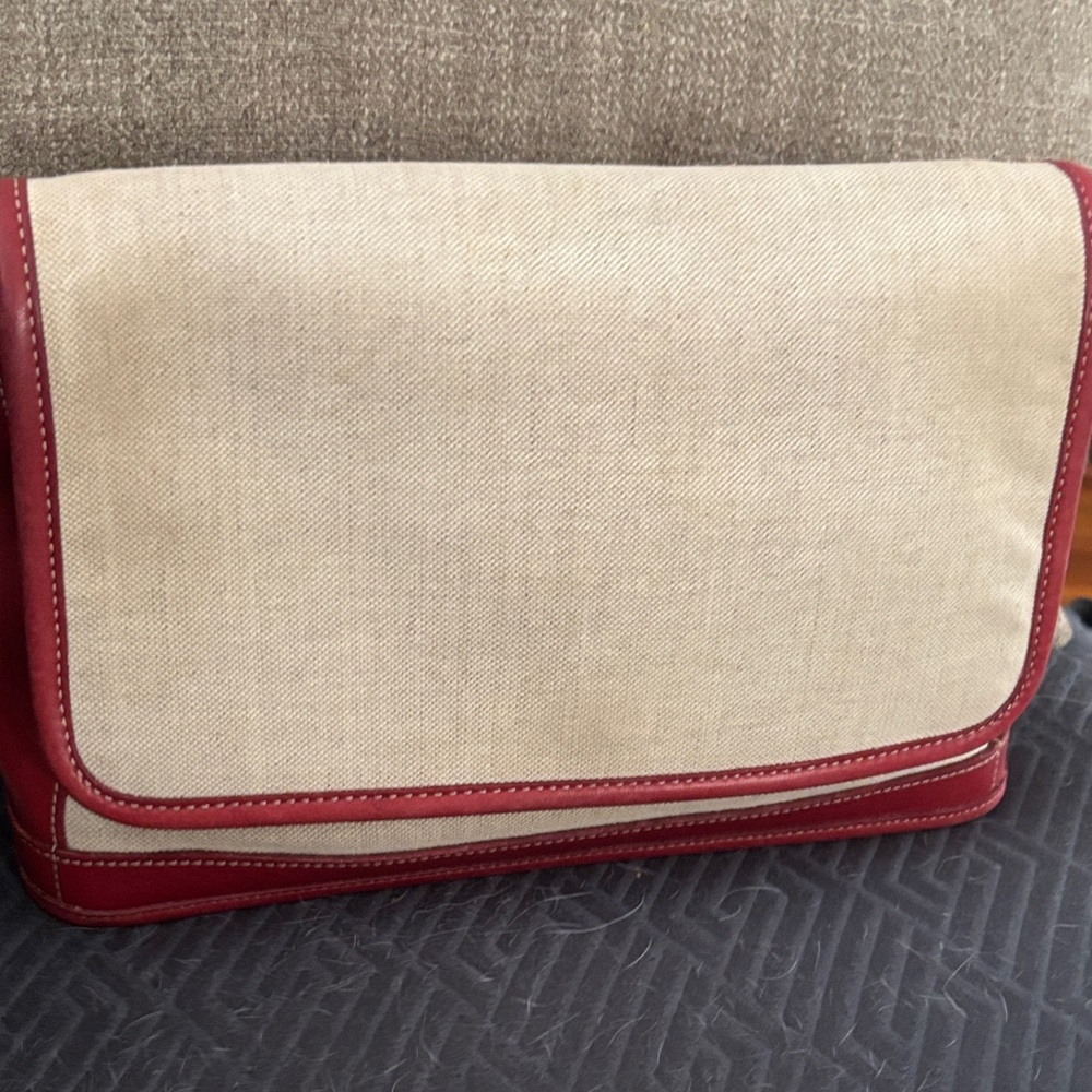 Coach Red Leather and Cream Linen or Canvas Shoulder Bag